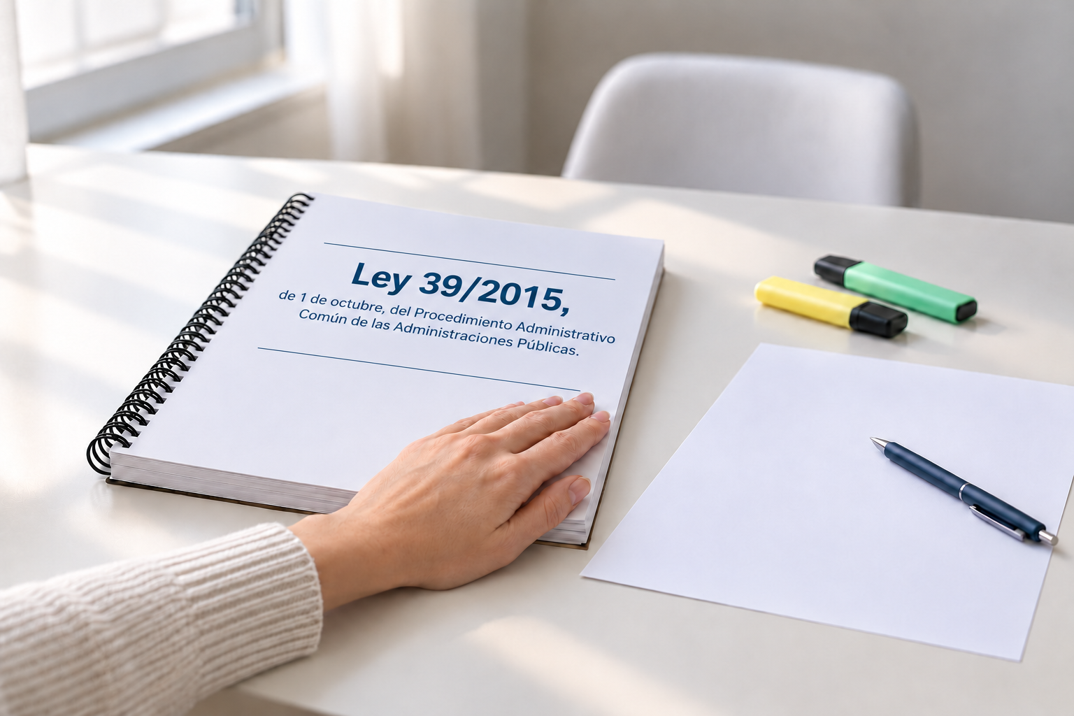 Una mano cierra un temario encuadernado de la Ley 39/2015 junto a un folio en blanco